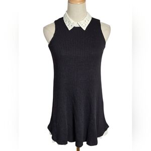 Knitworks Black Ribbed Sleeveless Mini Dress with Embellished White Collar